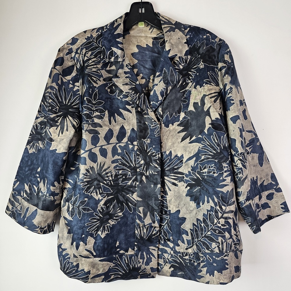 Sigrid Olsen Jacket Womens 100% Silk Medium Navy Blue Beige Floral Lightweight